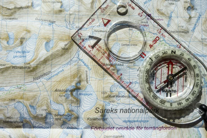 Baseplate compass on a topographic map