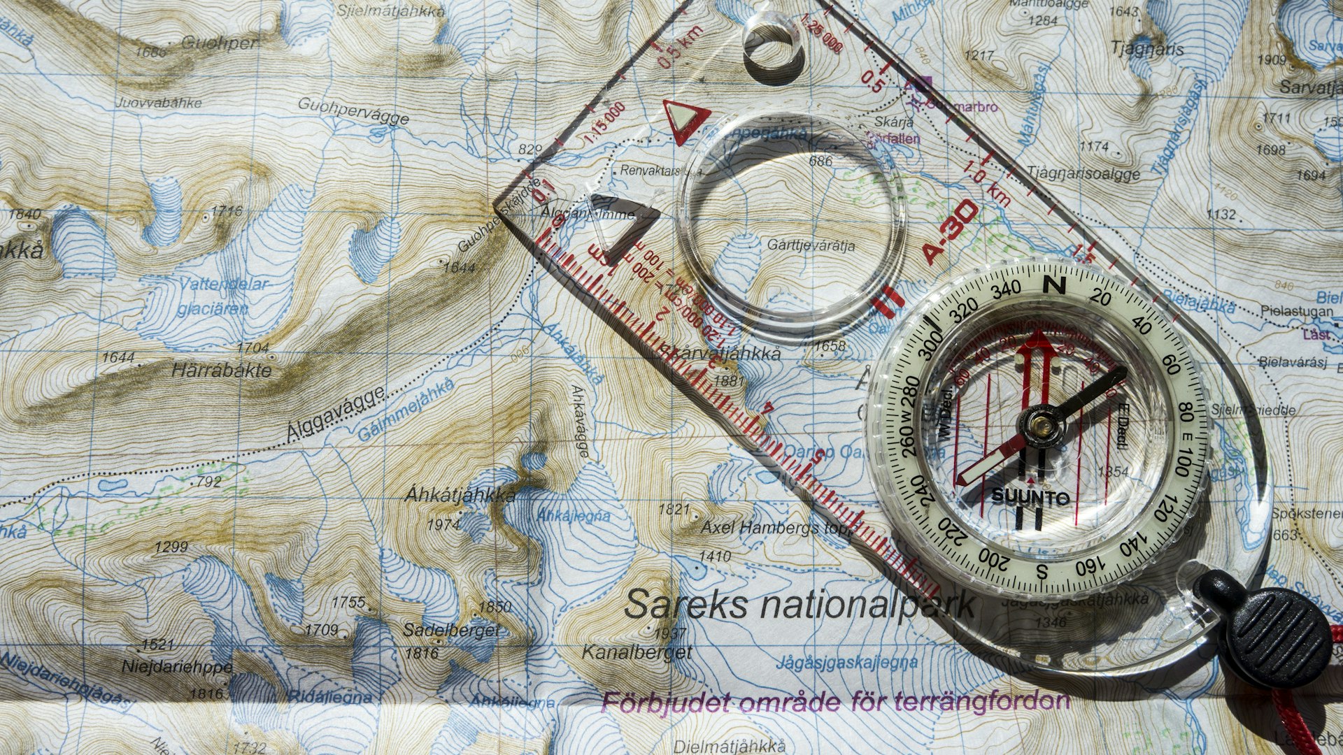 Baseplate compass on a topographic map